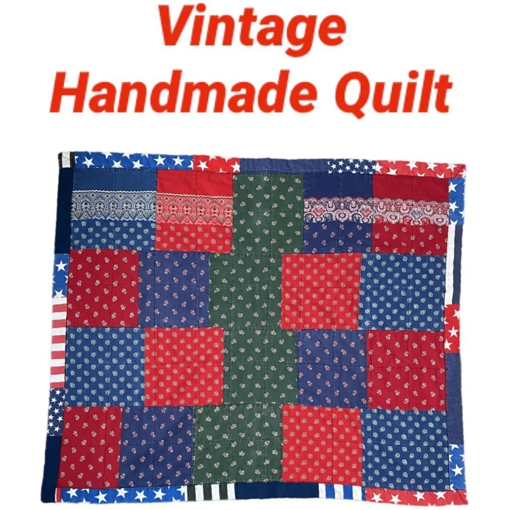 60’s 70’s Patchwork Quilt Vintage Hand Crafted Patriotic Boho Farmhouse Cottage